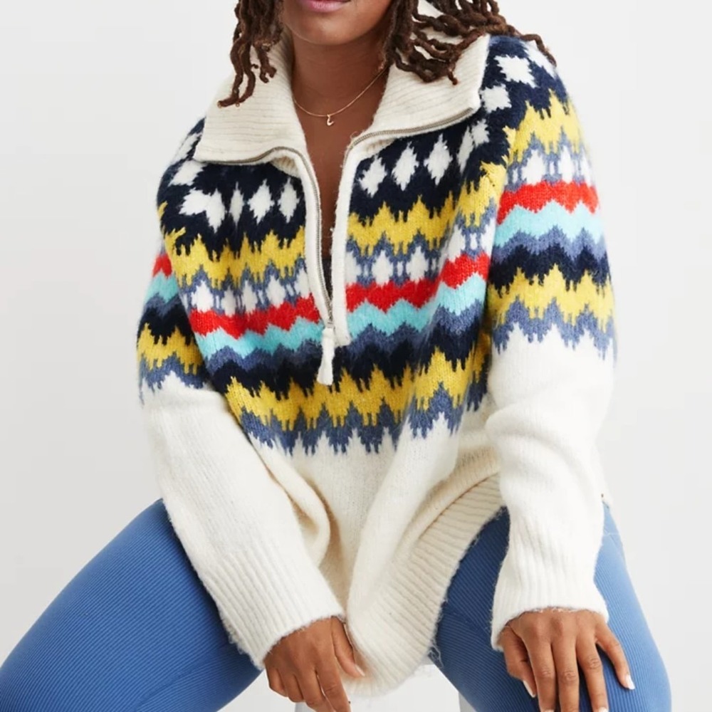 Aerie Quarter Zip Fair Isle Pullover Sweater Ivory WMS LG Winter Ski Oversized